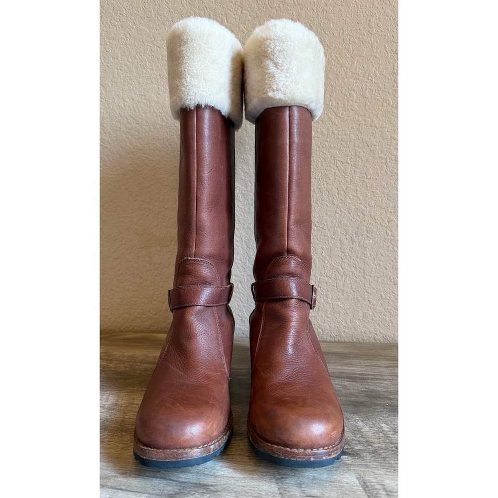 UGG Langley Cognac Leather Sheepskin Tall Boots Waterproof Winter Boots - Picture 4 of 16
